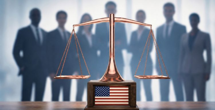 Balance de justice avec drapeau américain devant une équipe de professionnels – formation DEI pour avocats et milieux juridiques